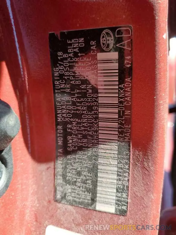 12 fotografías del automóvil dañado 2T1BURHE9KC139926 TOYOTA COROLLA 2019