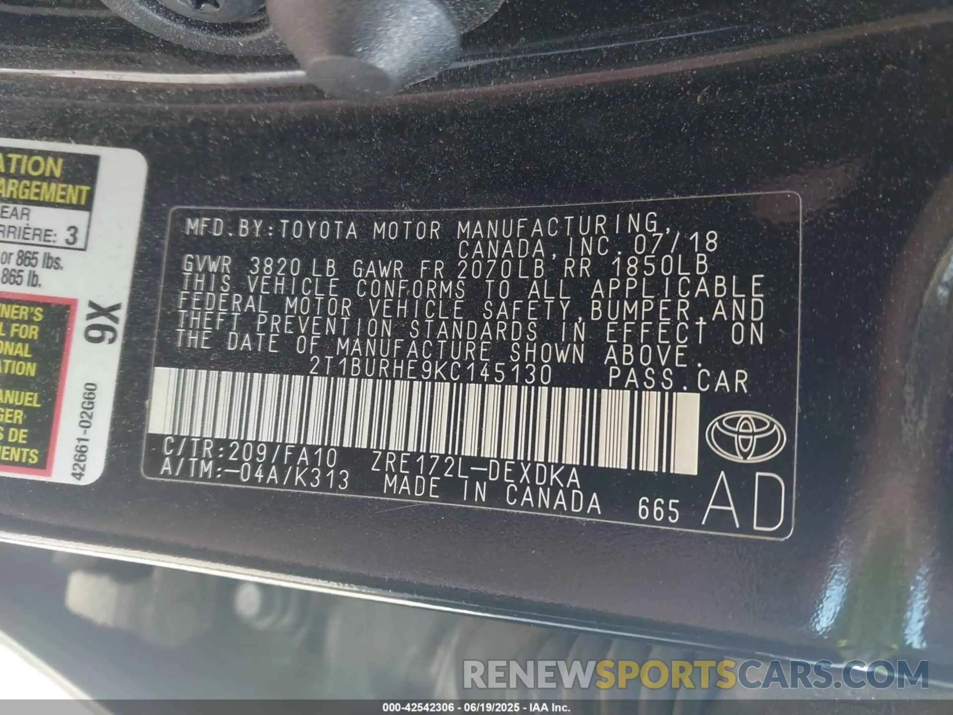 9 fotografías del automóvil dañado 2T1BURHE9KC145130 TOYOTA COROLLA 2019