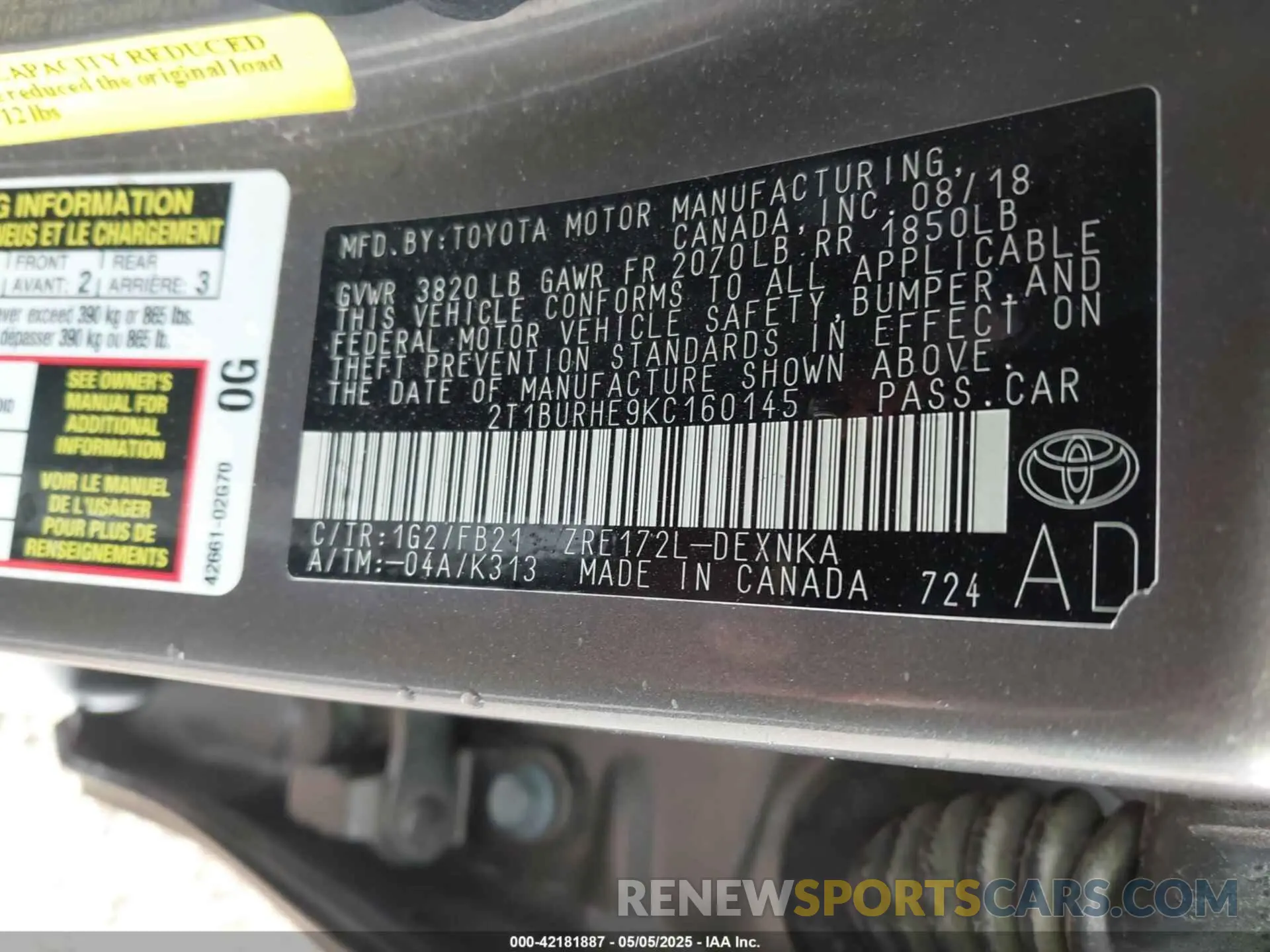 9 fotografías del automóvil dañado 2T1BURHE9KC160145 TOYOTA COROLLA 2019