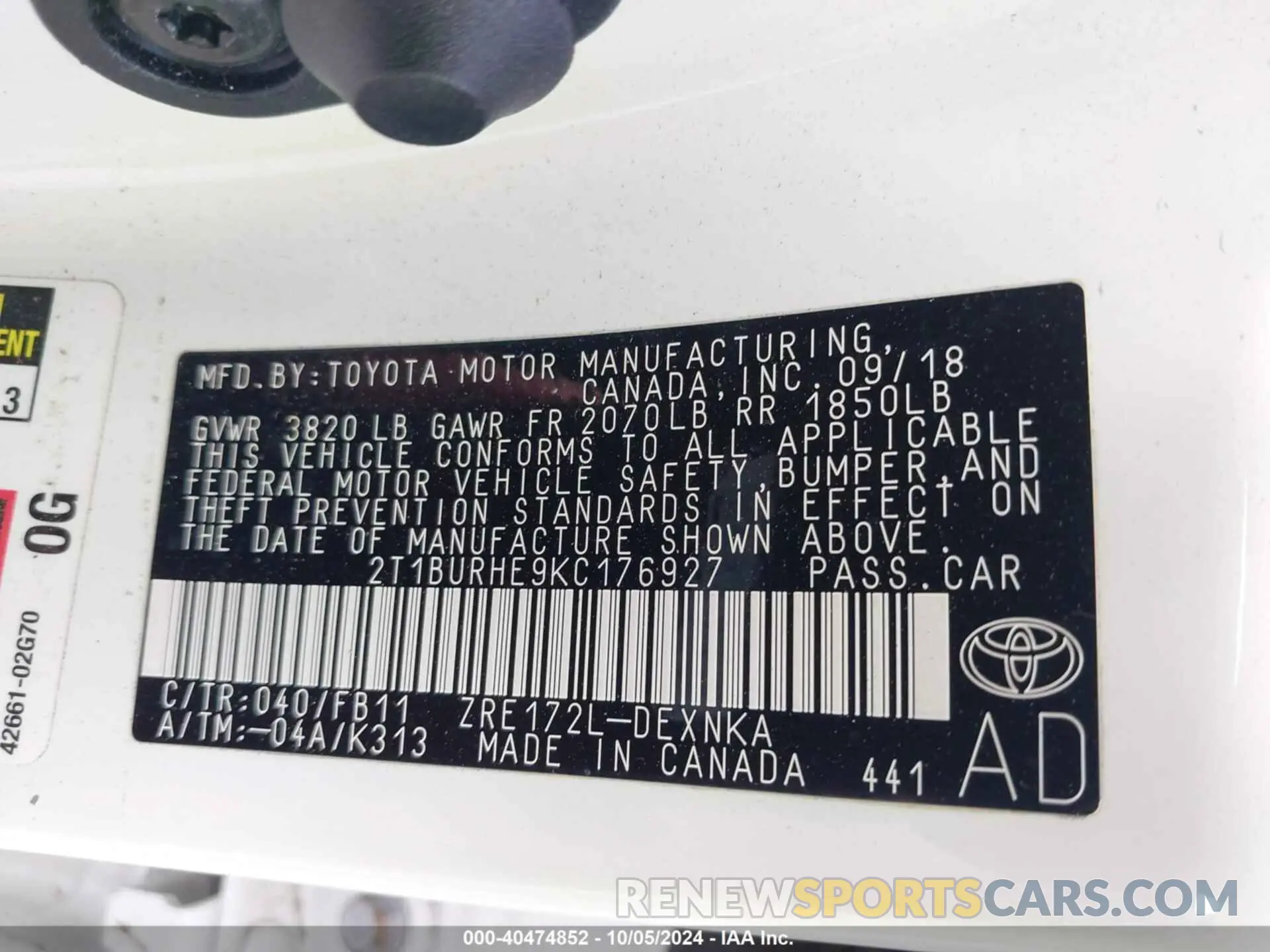 9 fotografías del automóvil dañado 2T1BURHE9KC176927 TOYOTA COROLLA 2019