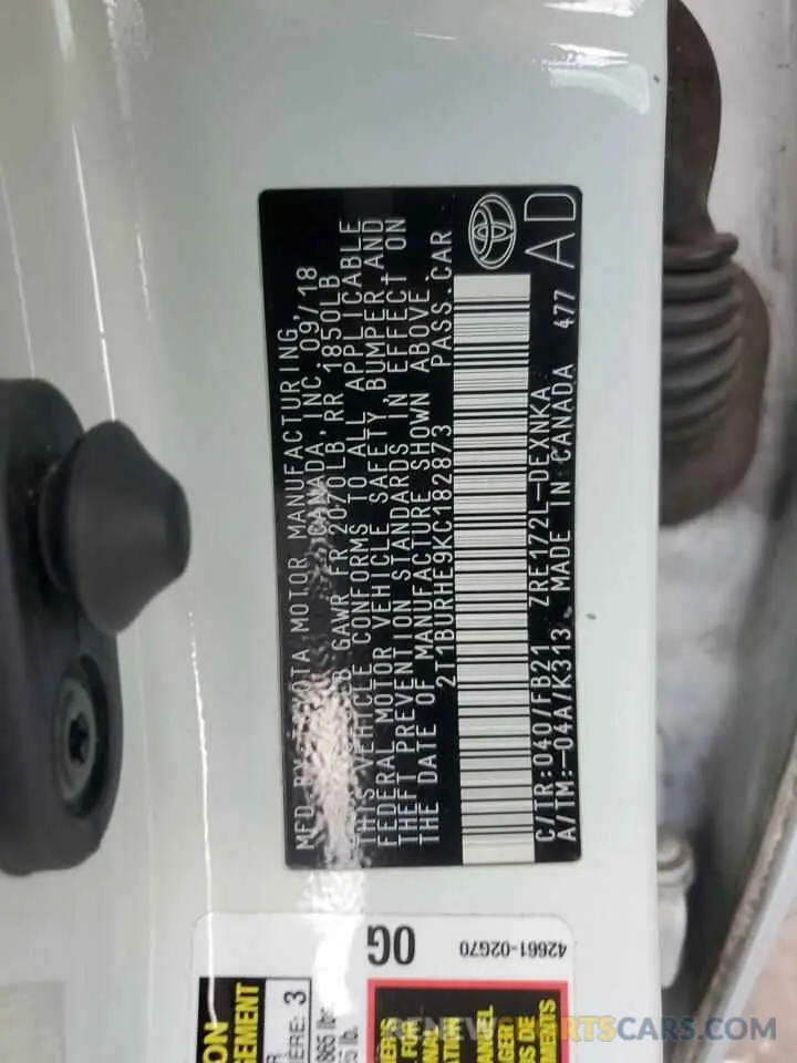 13 fotografías del automóvil dañado 2T1BURHE9KC182873 TOYOTA COROLLA 2019