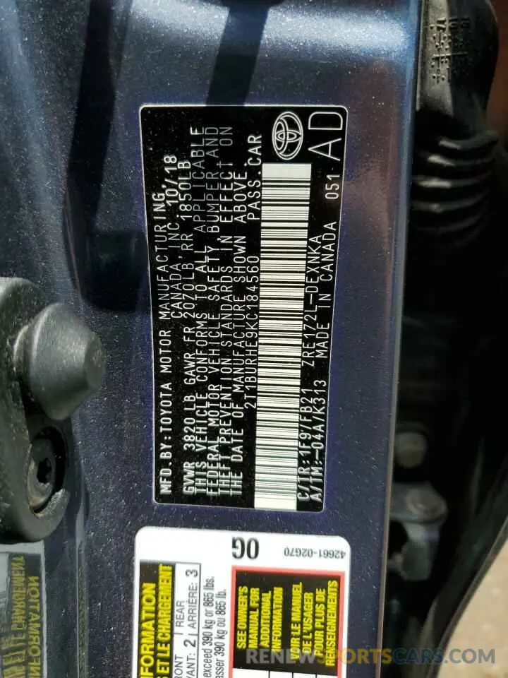 12 fotografías del automóvil dañado 2T1BURHE9KC184560 TOYOTA COROLLA 2019