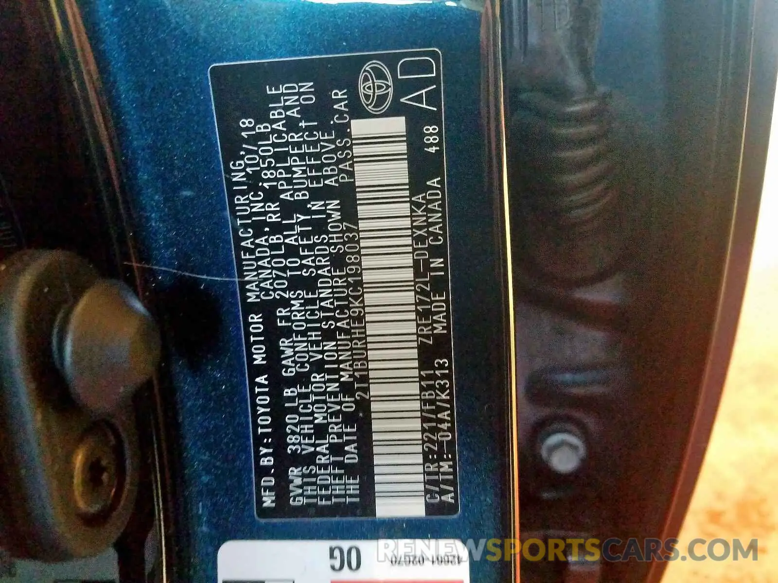 10 fotografías del automóvil dañado 2T1BURHE9KC198037 TOYOTA COROLLA 2019