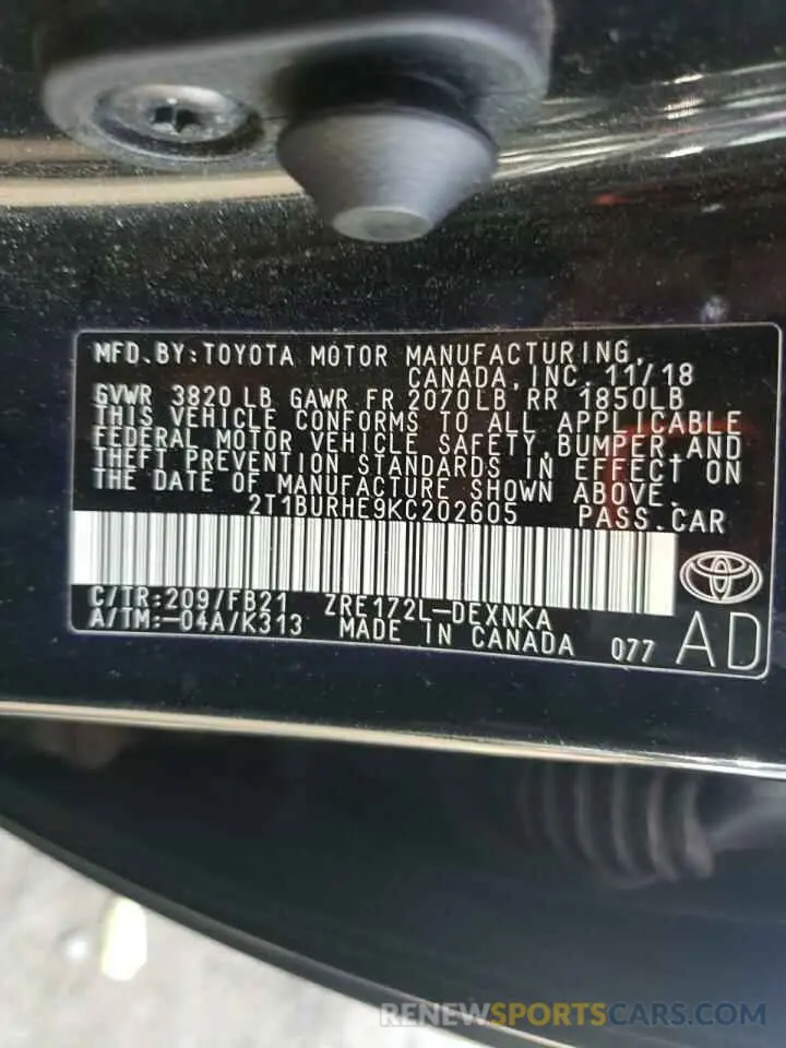 13 fotografías del automóvil dañado 2T1BURHE9KC202605 TOYOTA COROLLA 2019