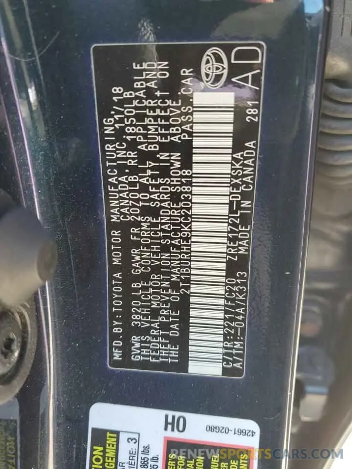 12 fotografías del automóvil dañado 2T1BURHE9KC203818 TOYOTA COROLLA 2019