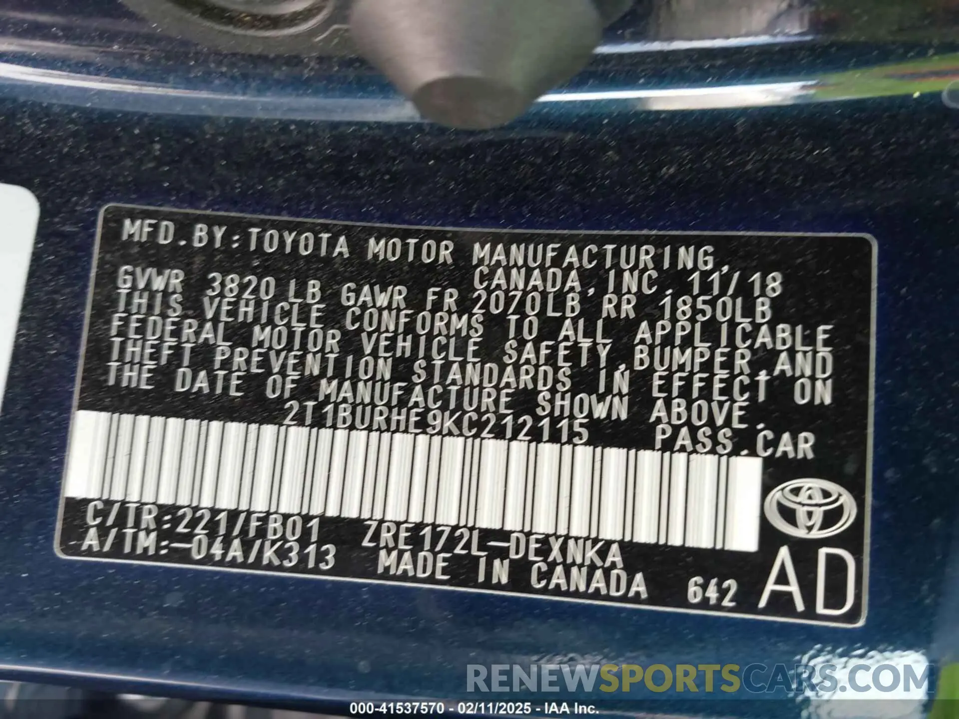 9 fotografías del automóvil dañado 2T1BURHE9KC212115 TOYOTA COROLLA 2019