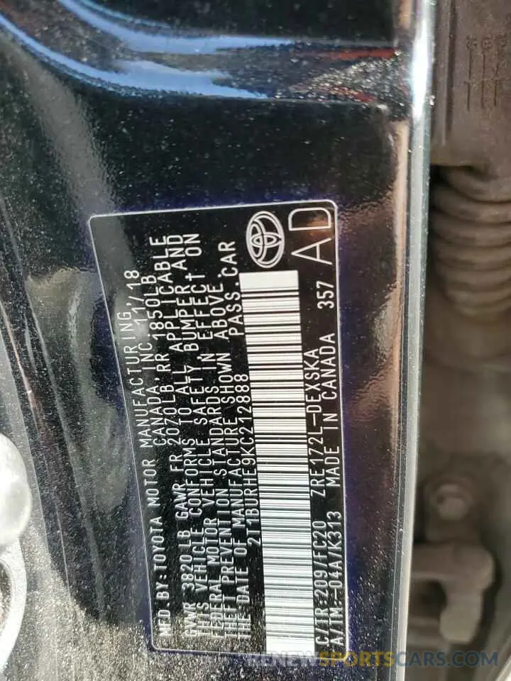 12 fotografías del automóvil dañado 2T1BURHE9KC212888 TOYOTA COROLLA 2019
