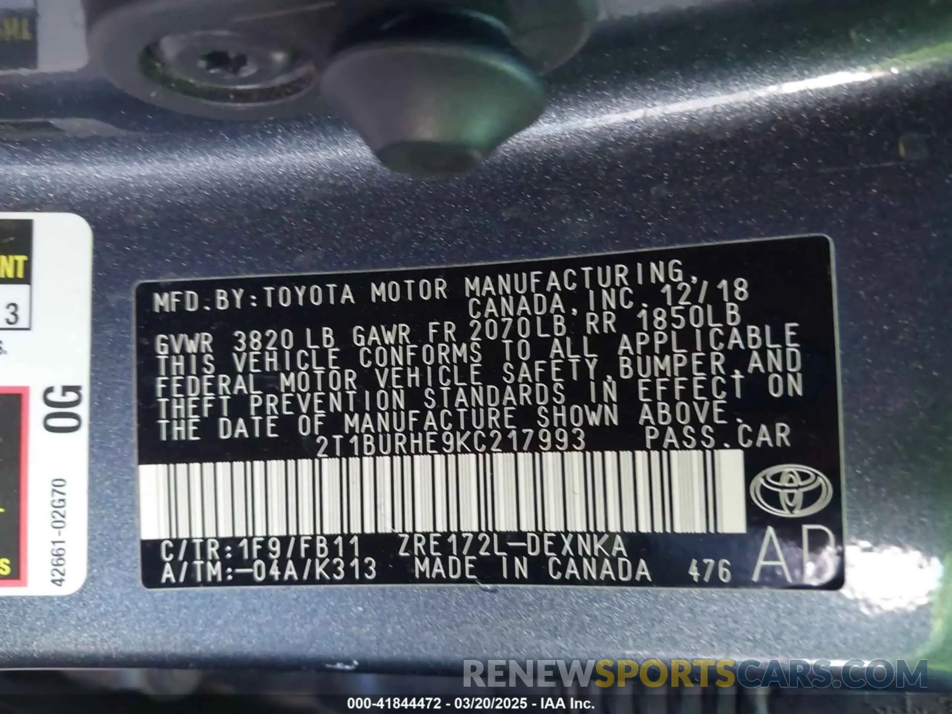 9 fotografías del automóvil dañado 2T1BURHE9KC217993 TOYOTA COROLLA 2019