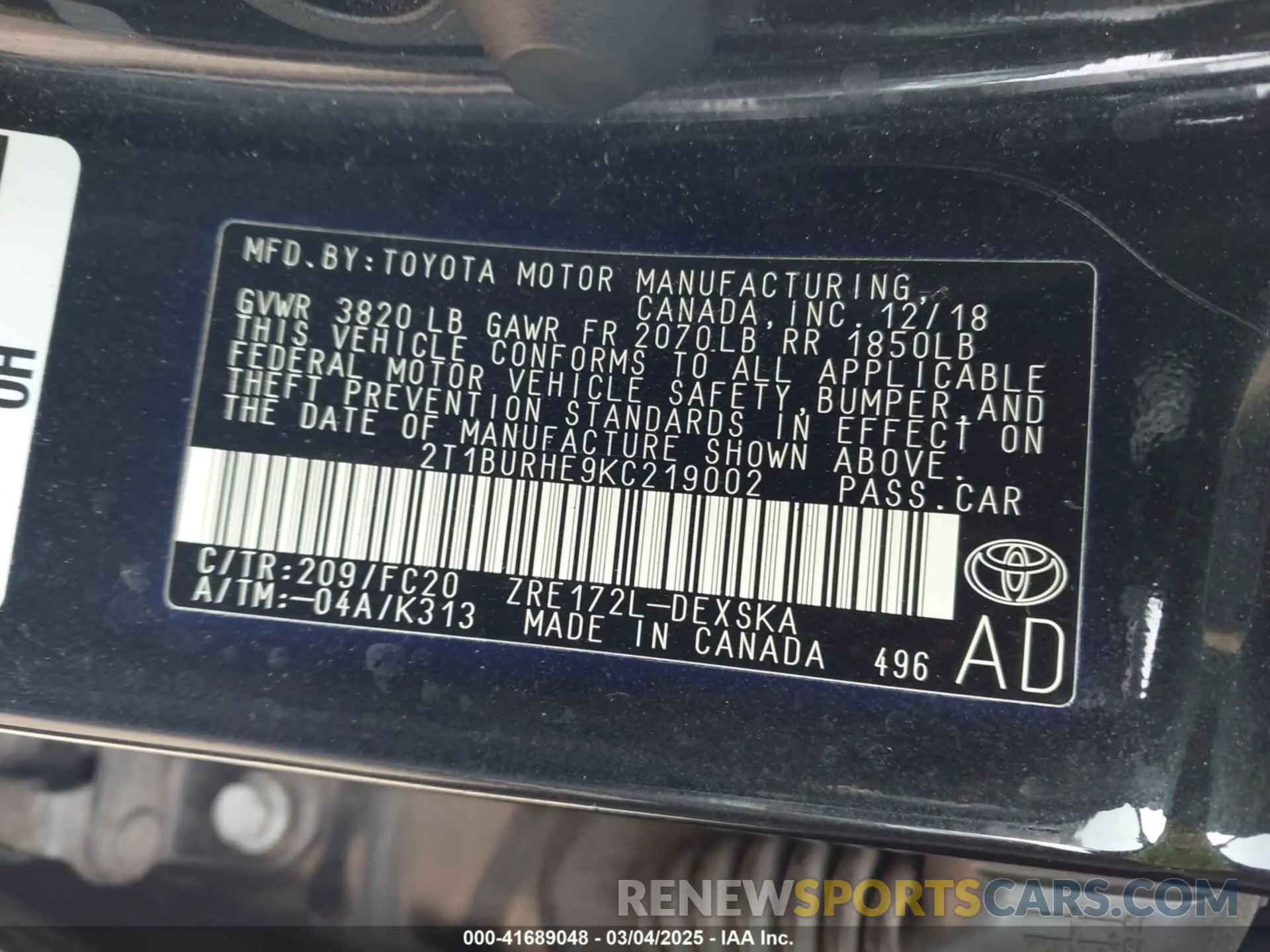 9 fotografías del automóvil dañado 2T1BURHE9KC219002 TOYOTA COROLLA 2019