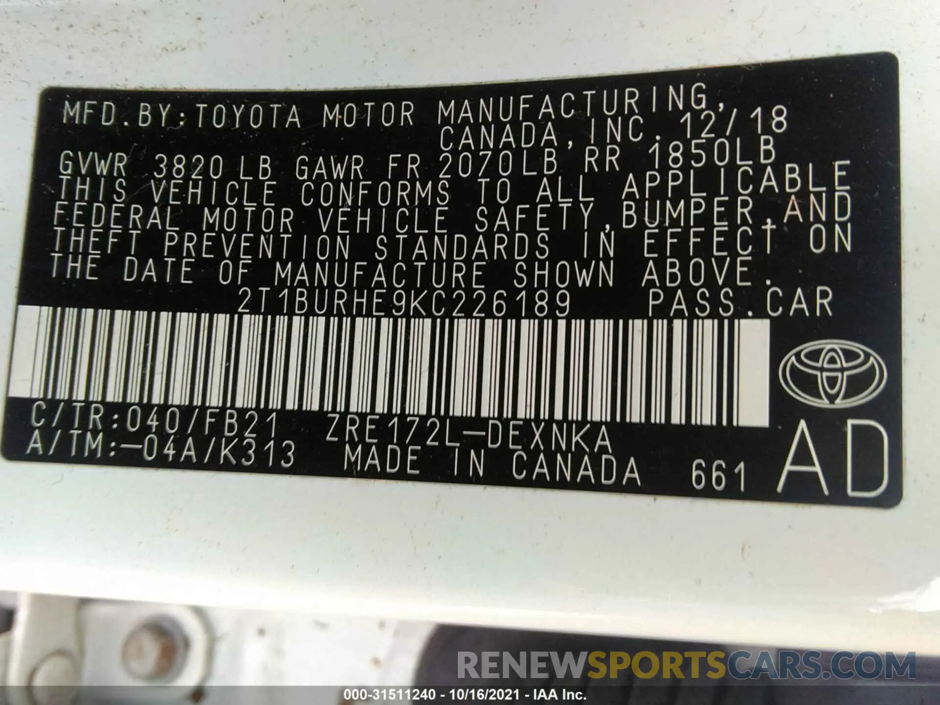 9 fotografías del automóvil dañado 2T1BURHE9KC226189 TOYOTA COROLLA 2019