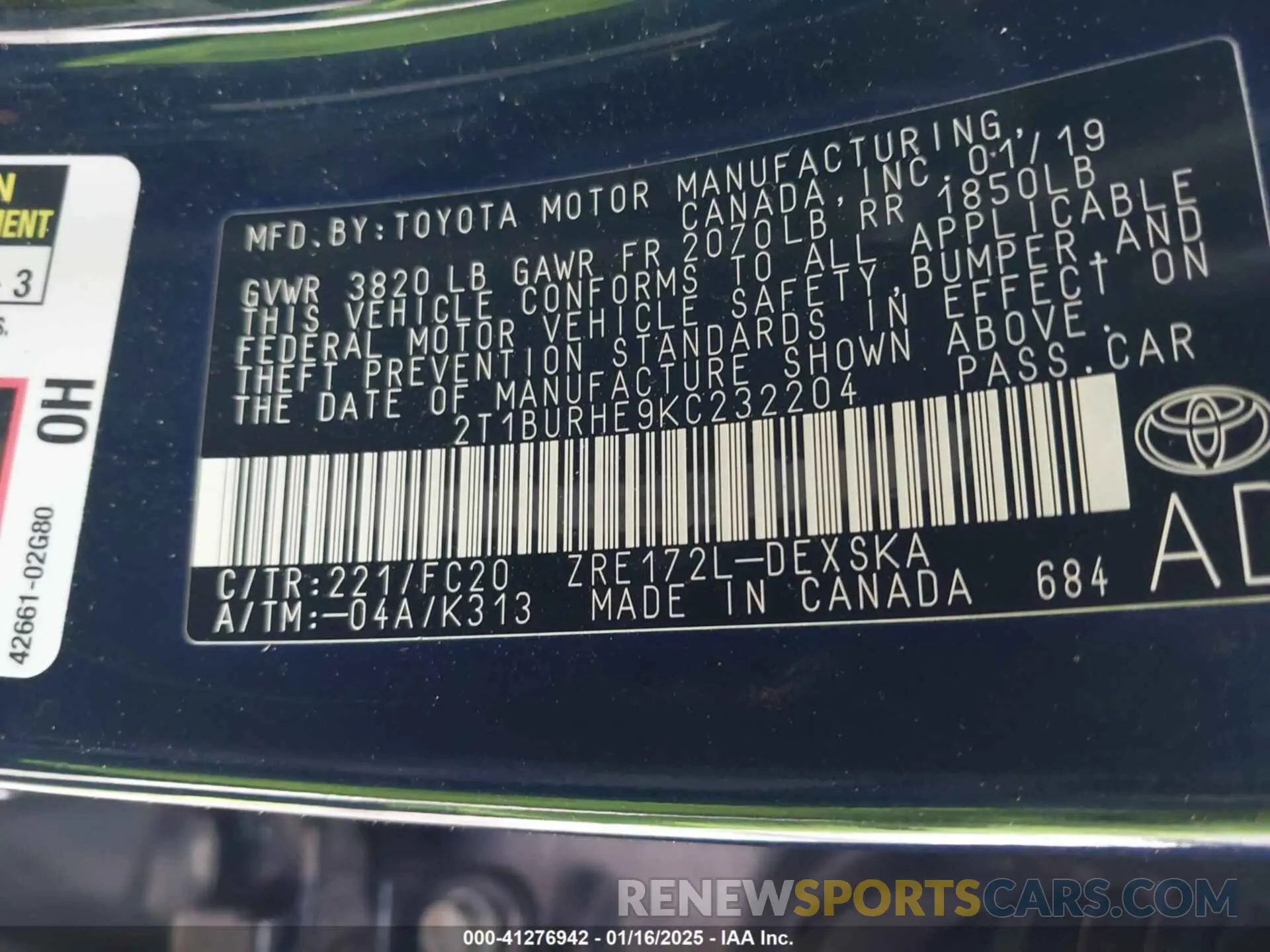 9 fotografías del automóvil dañado 2T1BURHE9KC232204 TOYOTA COROLLA 2019
