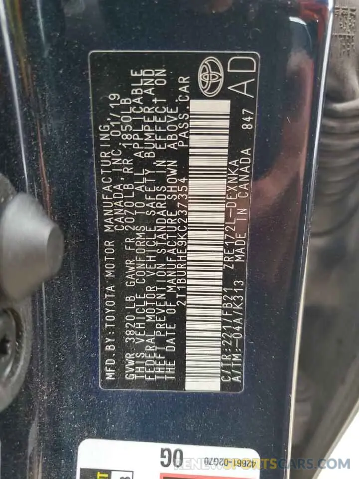 13 fotografías del automóvil dañado 2T1BURHE9KC237354 TOYOTA COROLLA 2019