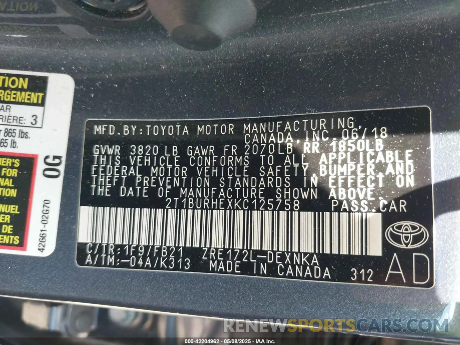 9 fotografías del automóvil dañado 2T1BURHEXKC125758 TOYOTA COROLLA 2019