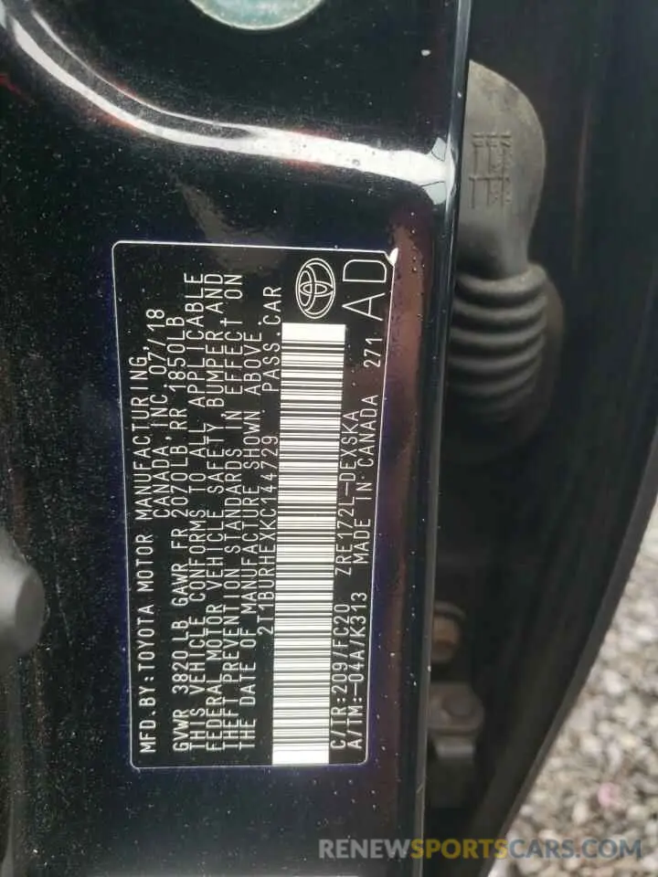 12 fotografías del automóvil dañado 2T1BURHEXKC144729 TOYOTA COROLLA 2019