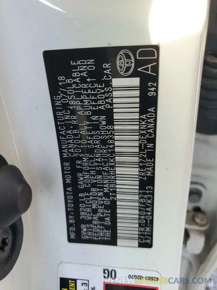 12 fotografías del automóvil dañado 2T1BURHEXKC148358 TOYOTA COROLLA 2019