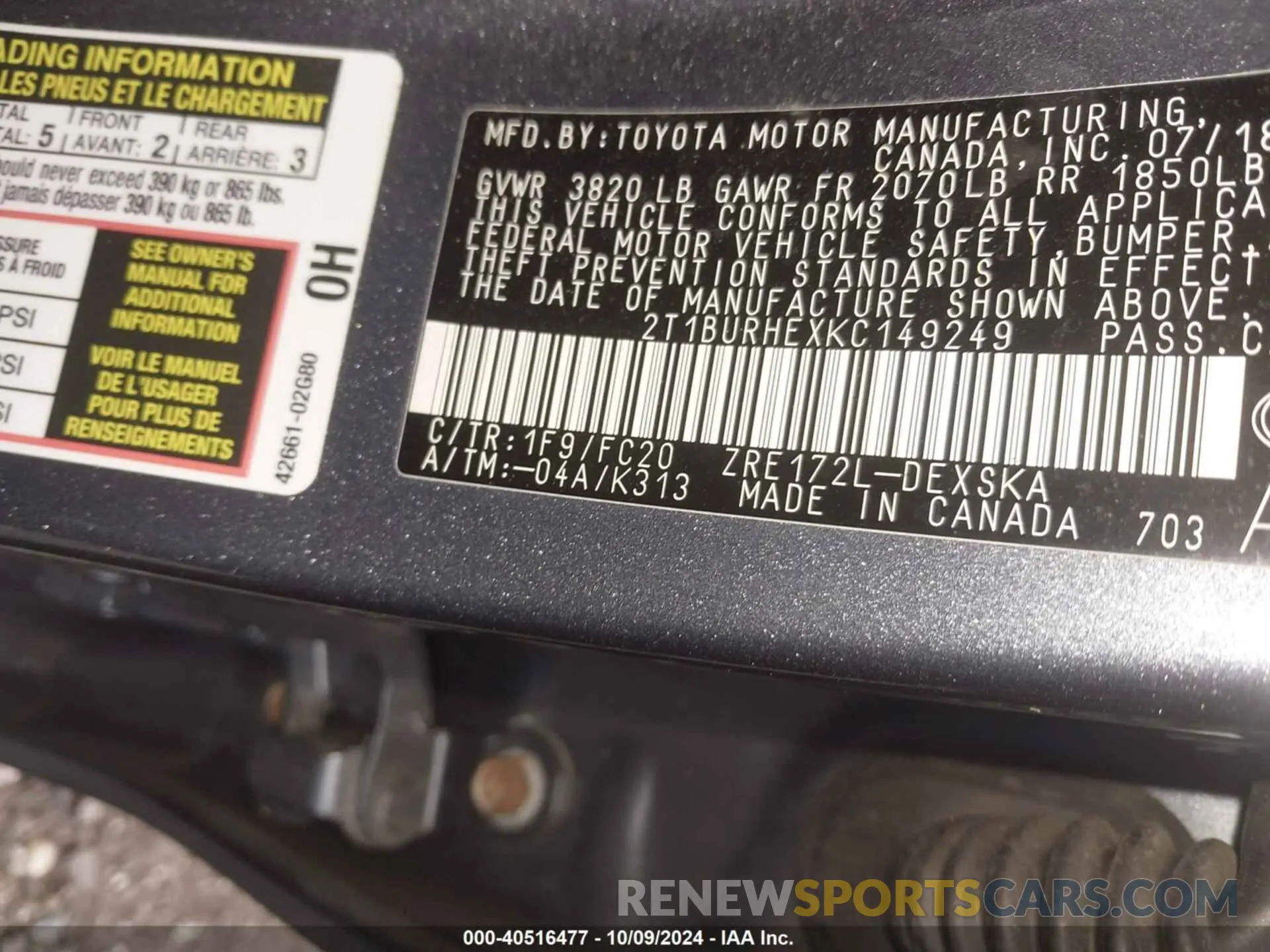 9 fotografías del automóvil dañado 2T1BURHEXKC149249 TOYOTA COROLLA 2019