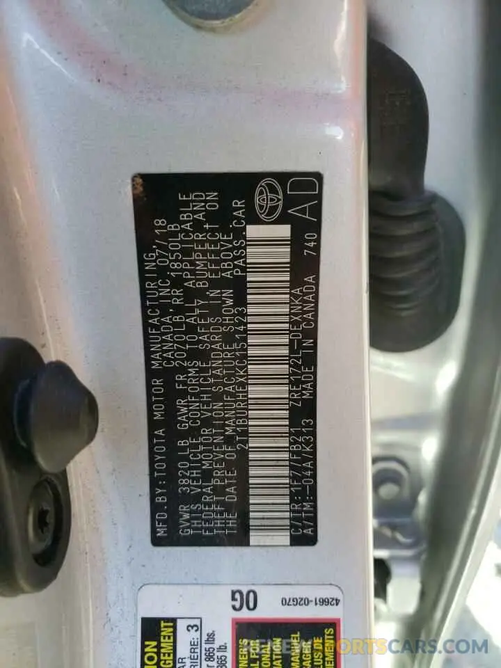 10 fotografías del automóvil dañado 2T1BURHEXKC151423 TOYOTA COROLLA 2019