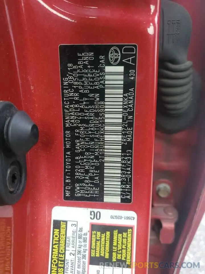 13 fotografías del automóvil dañado 2T1BURHEXKC155908 TOYOTA COROLLA 2019