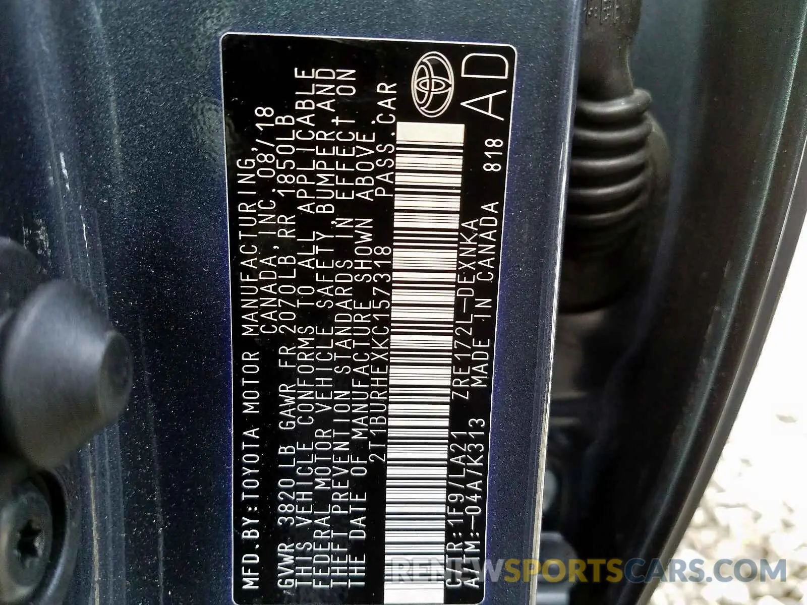 10 fotografías del automóvil dañado 2T1BURHEXKC157318 TOYOTA COROLLA 2019