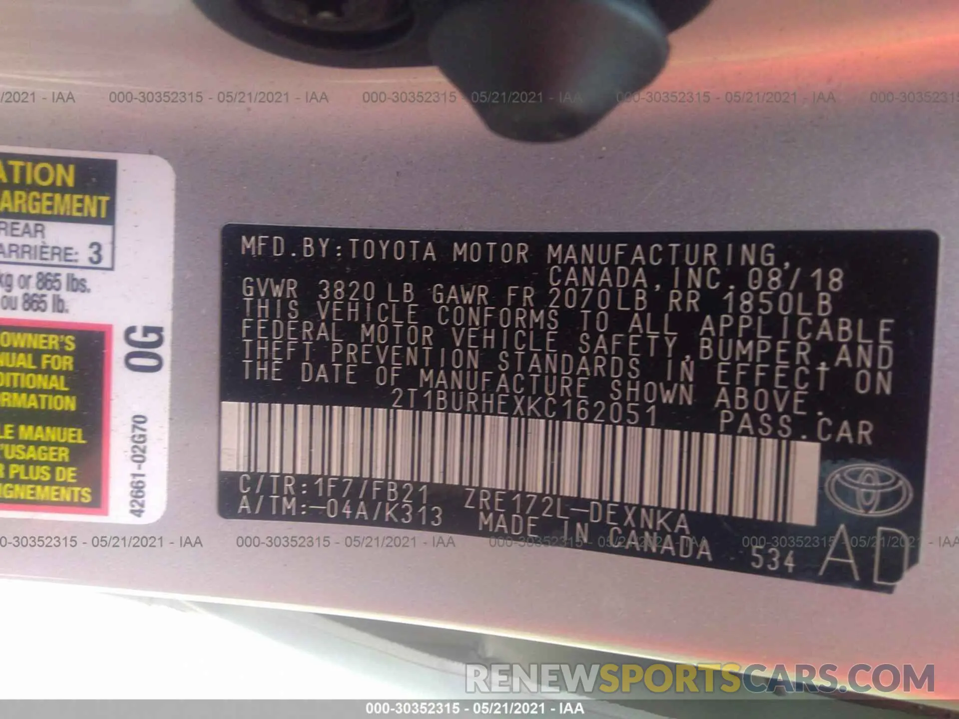 9 fotografías del automóvil dañado 2T1BURHEXKC162051 TOYOTA COROLLA 2019