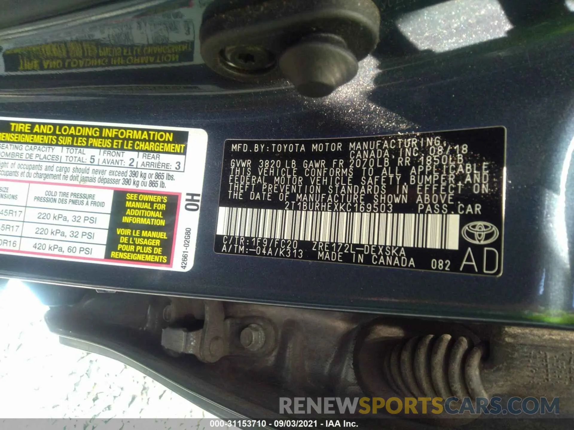 9 fotografías del automóvil dañado 2T1BURHEXKC169503 TOYOTA COROLLA 2019