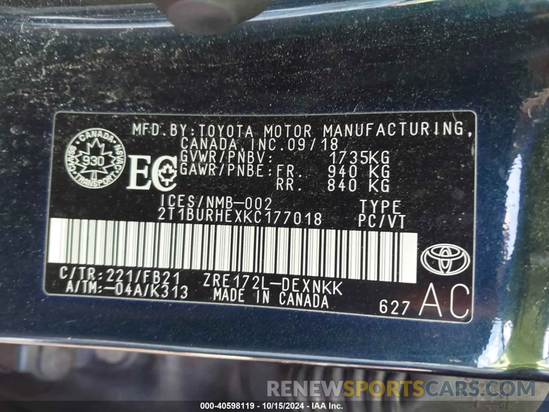 9 fotografías del automóvil dañado 2T1BURHEXKC177018 TOYOTA COROLLA 2019