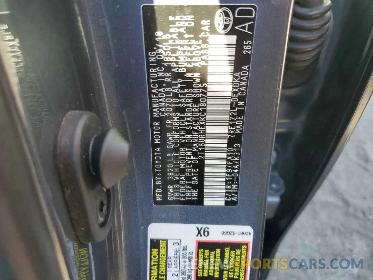 10 fotografías del automóvil dañado 2T1BURHEXKC180775 TOYOTA COROLLA 2019
