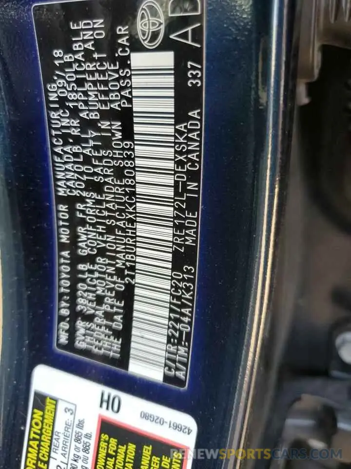 12 fotografías del automóvil dañado 2T1BURHEXKC180839 TOYOTA COROLLA 2019