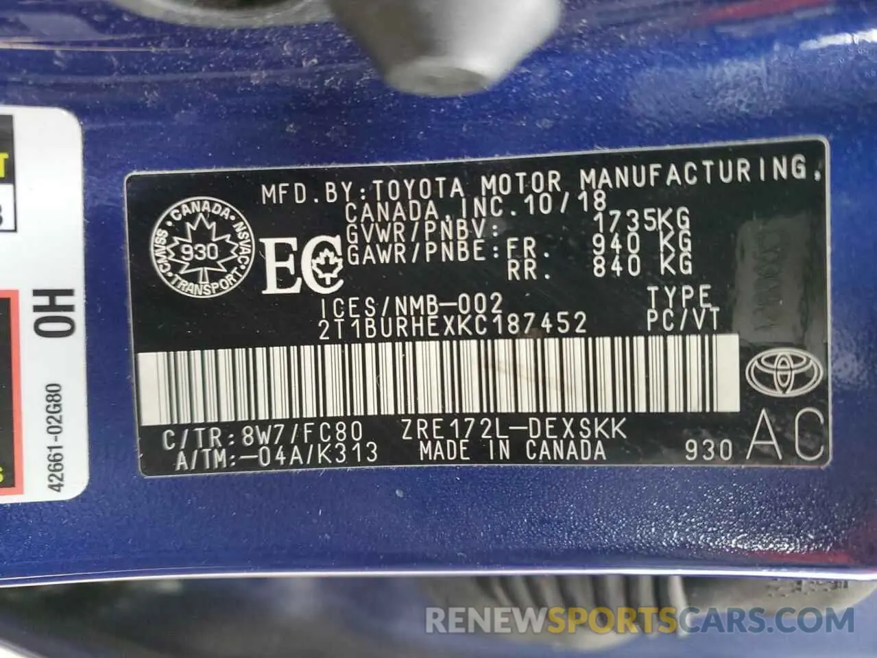 12 fotografías del automóvil dañado 2T1BURHEXKC187452 TOYOTA COROLLA 2019