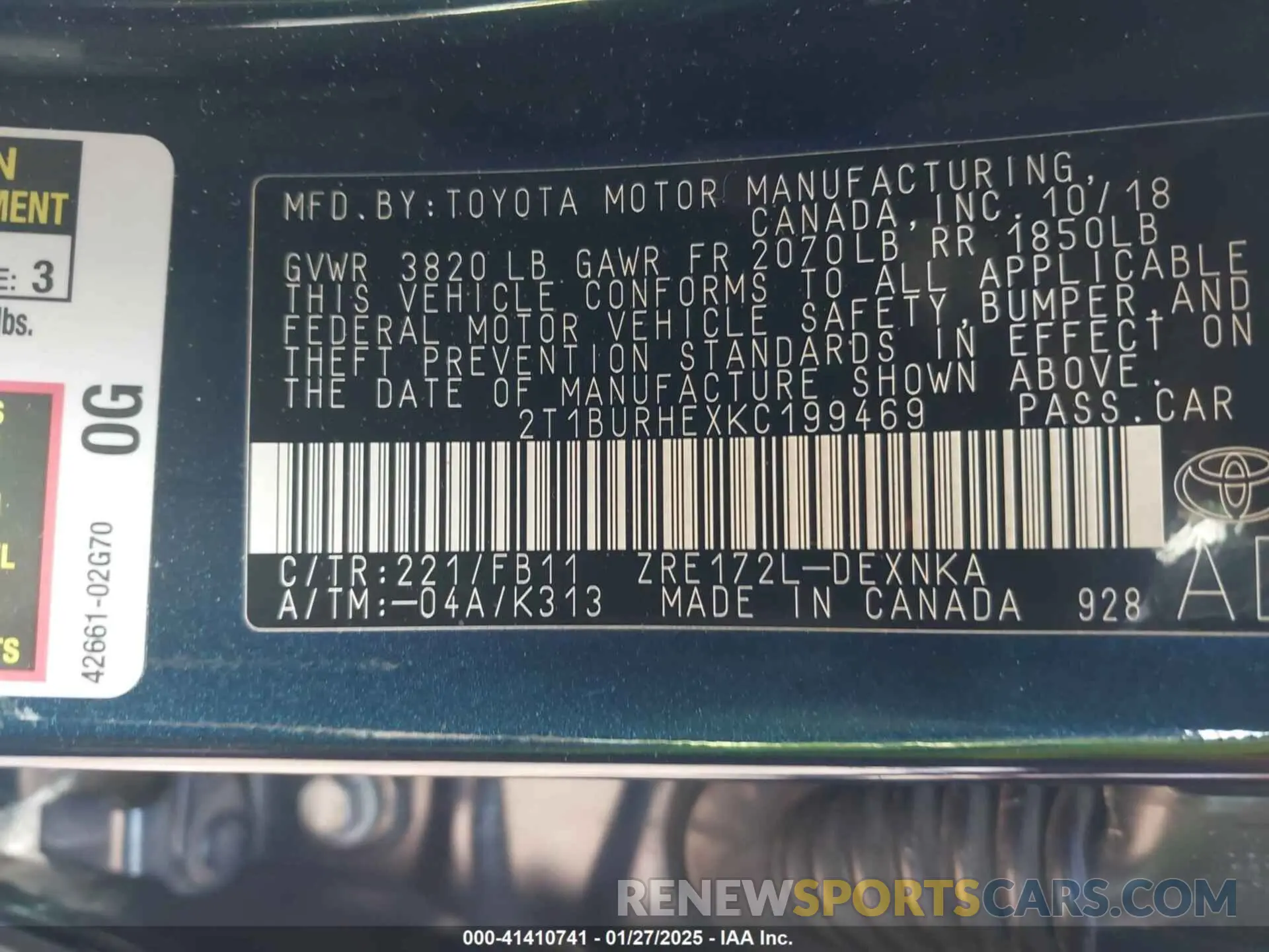 9 fotografías del automóvil dañado 2T1BURHEXKC199469 TOYOTA COROLLA 2019