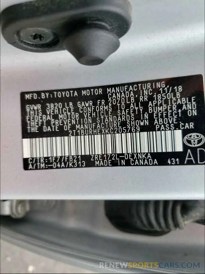 10 fotografías del automóvil dañado 2T1BURHEXKC205769 TOYOTA COROLLA 2019