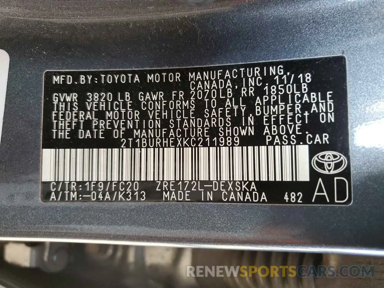 12 fotografías del automóvil dañado 2T1BURHEXKC211989 TOYOTA COROLLA 2019