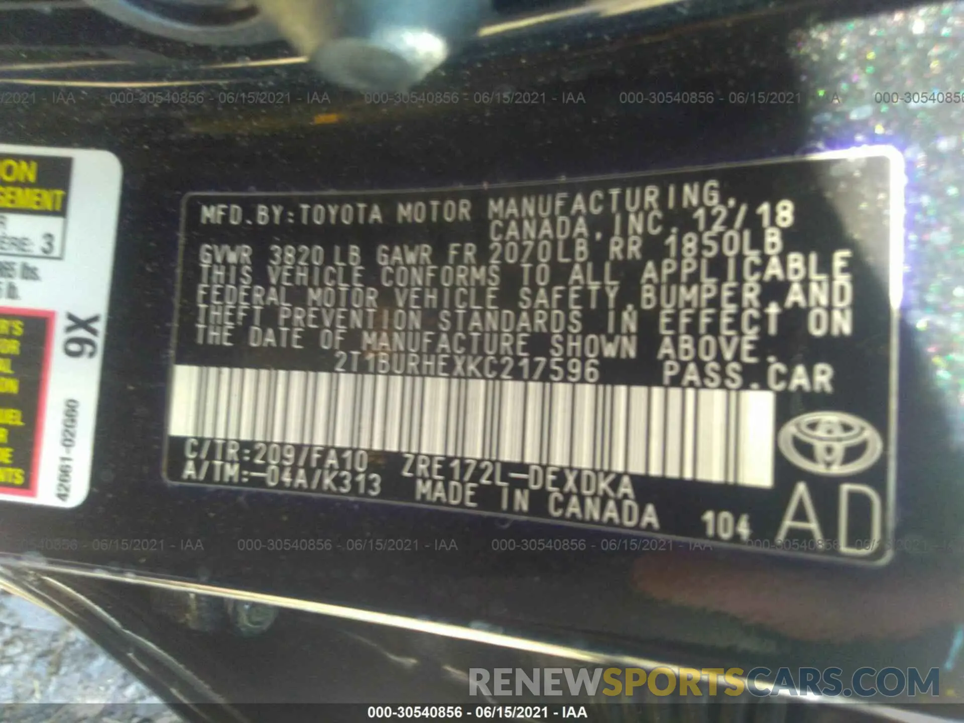 9 fotografías del automóvil dañado 2T1BURHEXKC217596 TOYOTA COROLLA 2019