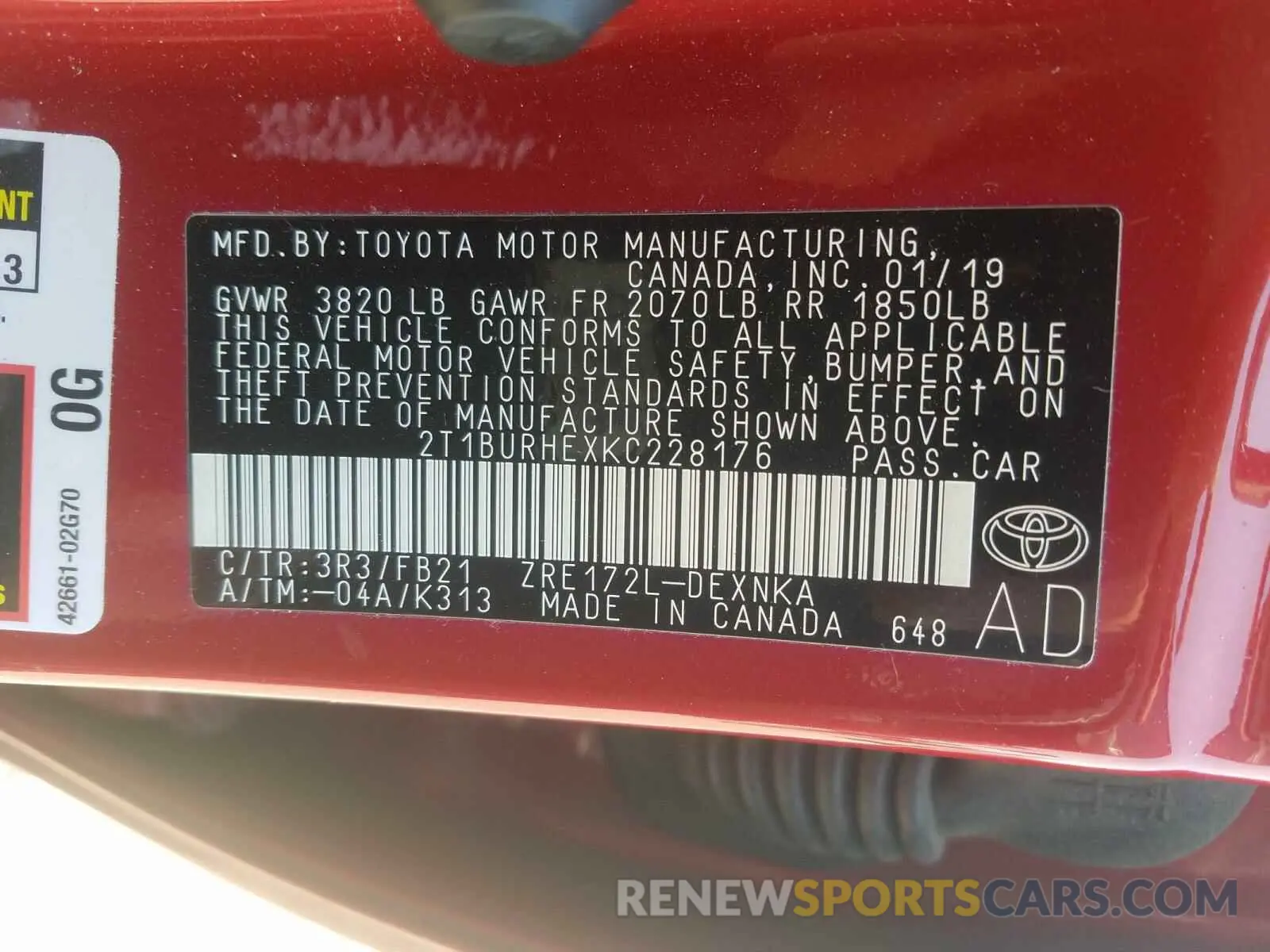 10 fotografías del automóvil dañado 2T1BURHEXKC228176 TOYOTA COROLLA 2019