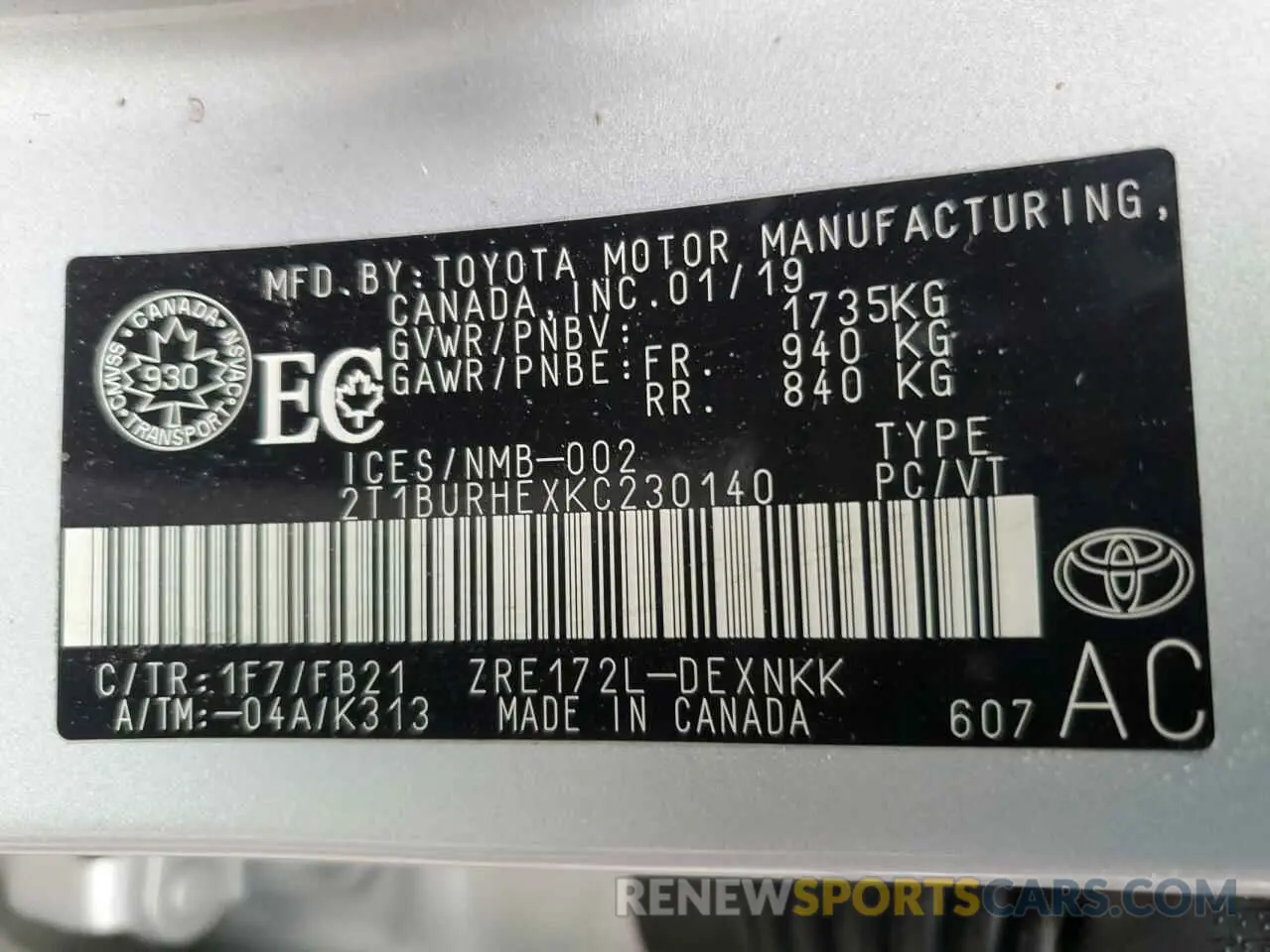 12 fotografías del automóvil dañado 2T1BURHEXKC230140 TOYOTA COROLLA 2019