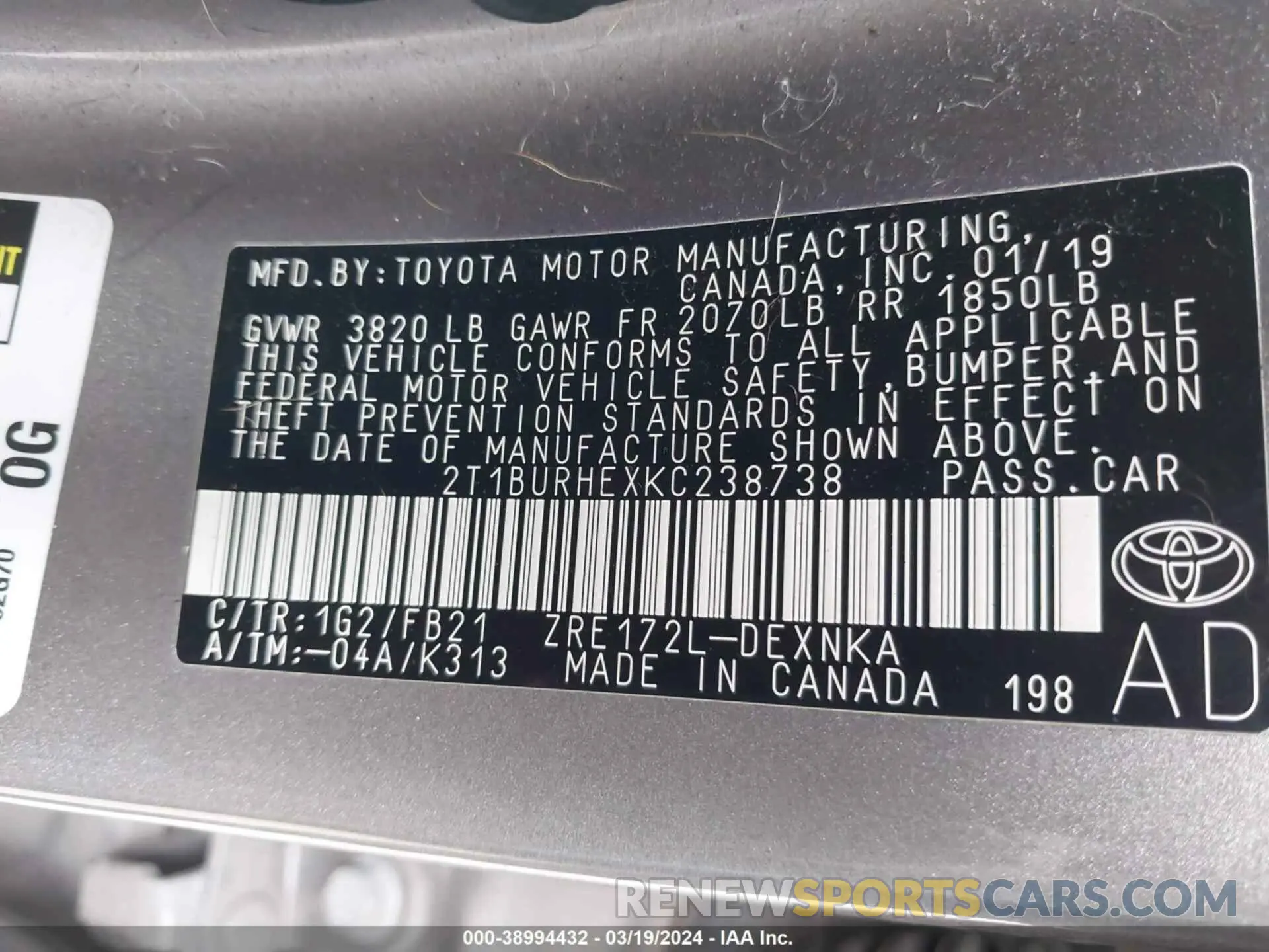9 fotografías del automóvil dañado 2T1BURHEXKC238738 TOYOTA COROLLA 2019