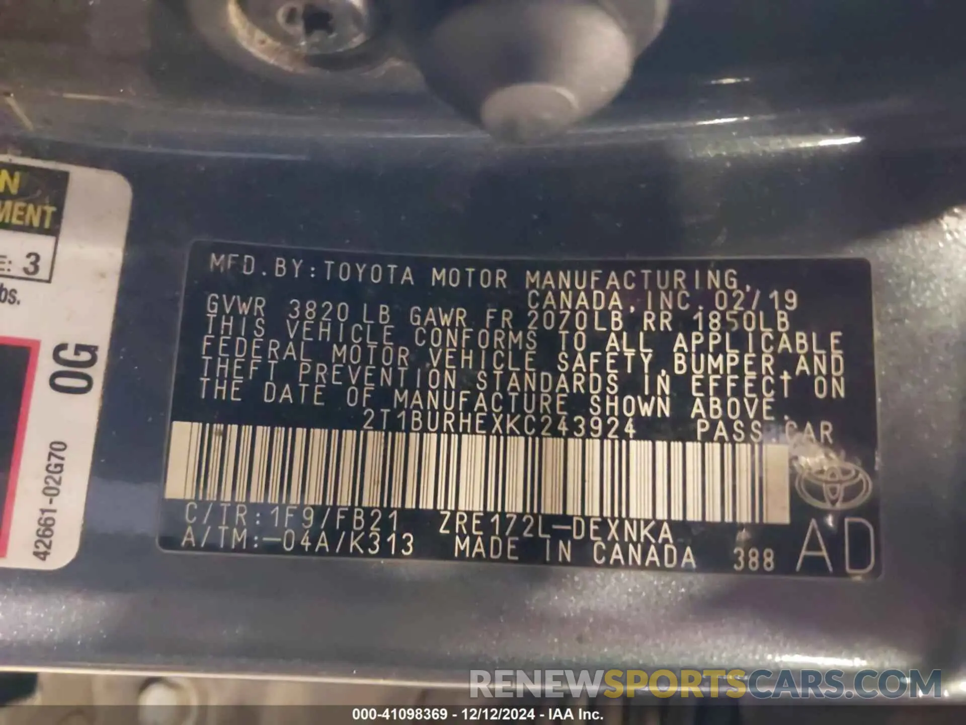 9 fotografías del automóvil dañado 2T1BURHEXKC243924 TOYOTA COROLLA 2019
