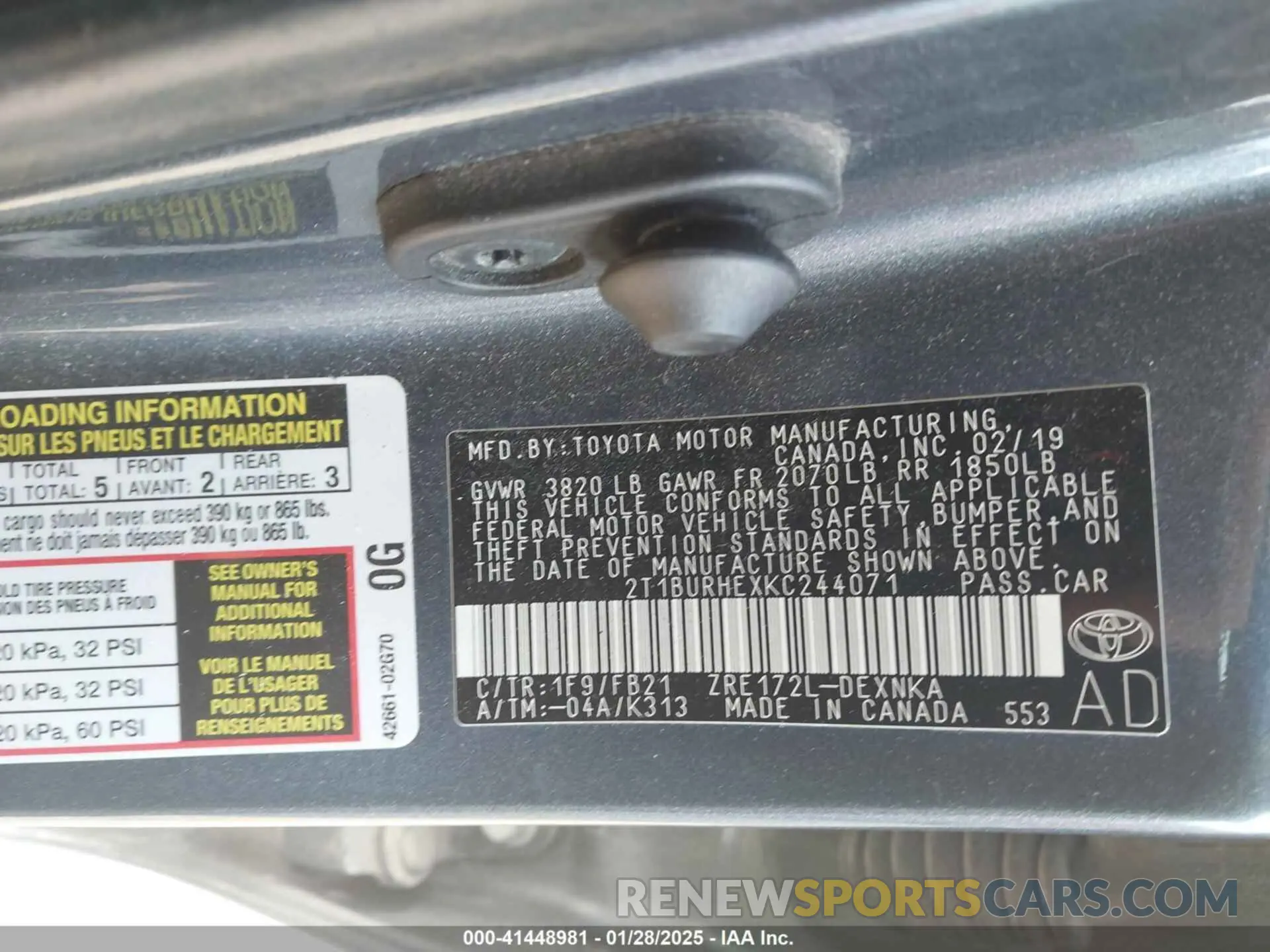 9 fotografías del automóvil dañado 2T1BURHEXKC244071 TOYOTA COROLLA 2019