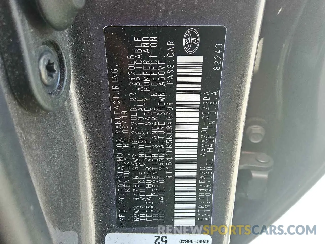 12 fotografías del automóvil dañado 4T1B11HK5KU846794 TOYOTA COROLLA 2019