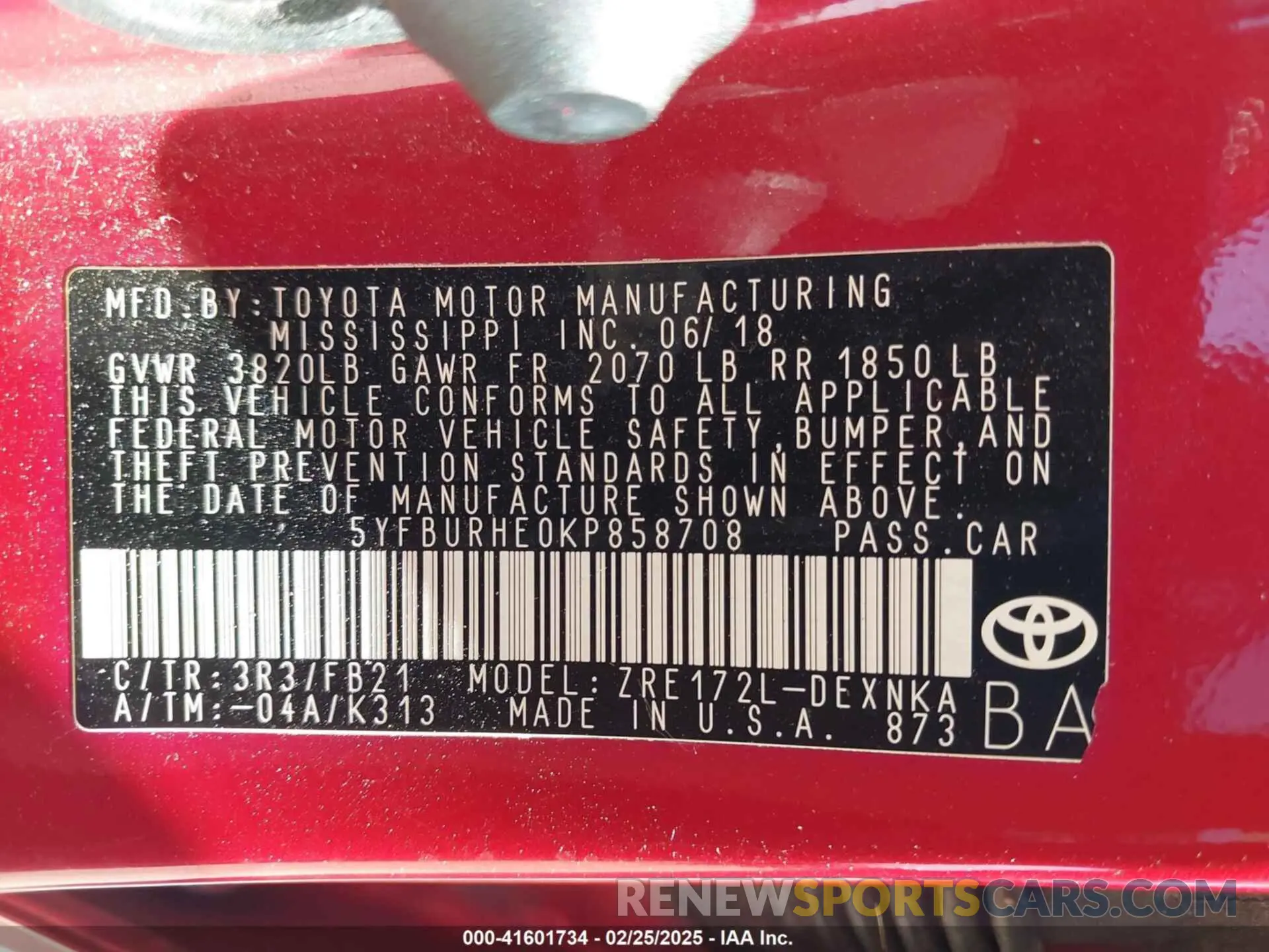 9 fotografías del automóvil dañado 5YFBURHE0KP858708 TOYOTA COROLLA 2019