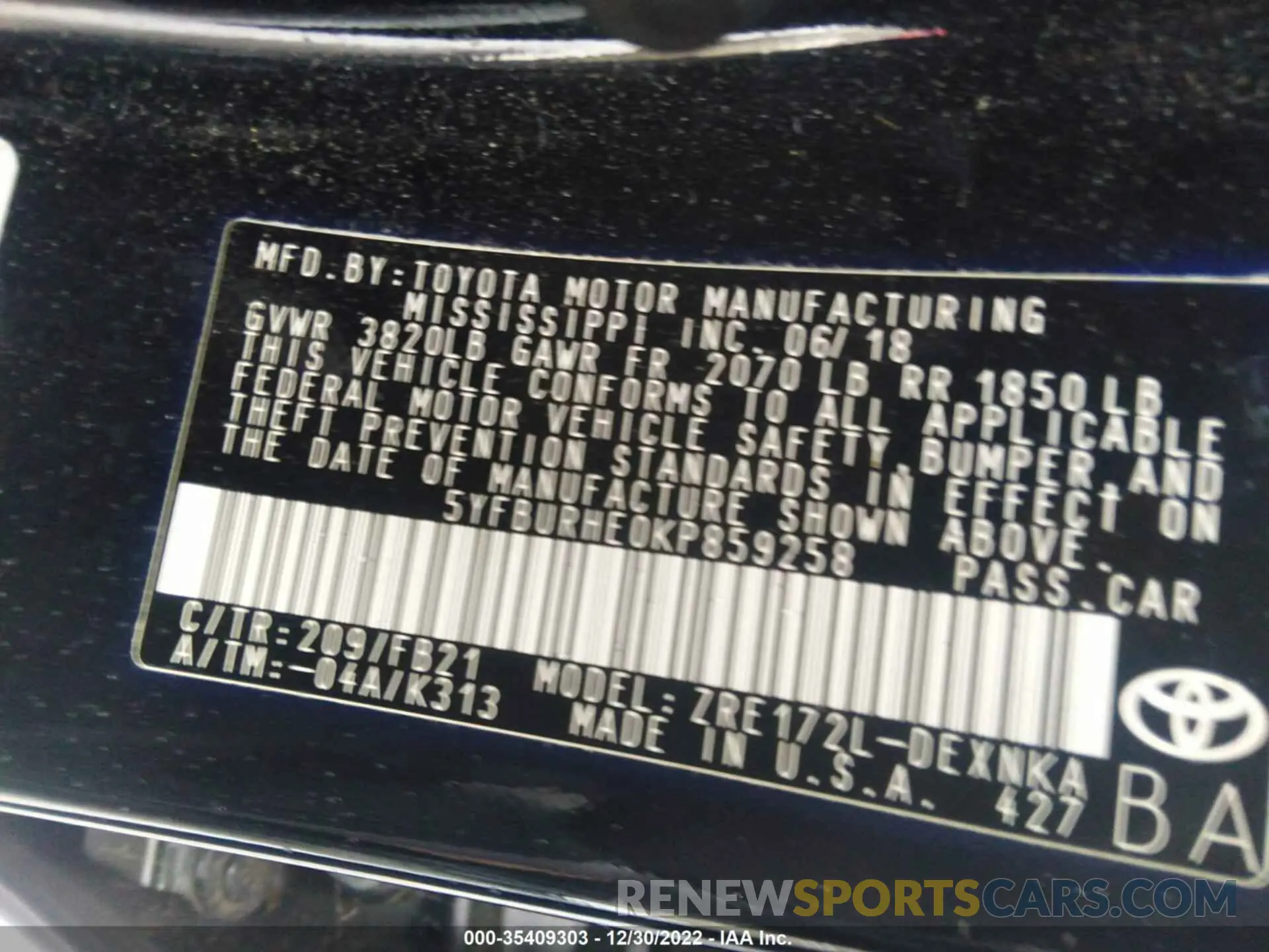 9 fotografías del automóvil dañado 5YFBURHE0KP859258 TOYOTA COROLLA 2019