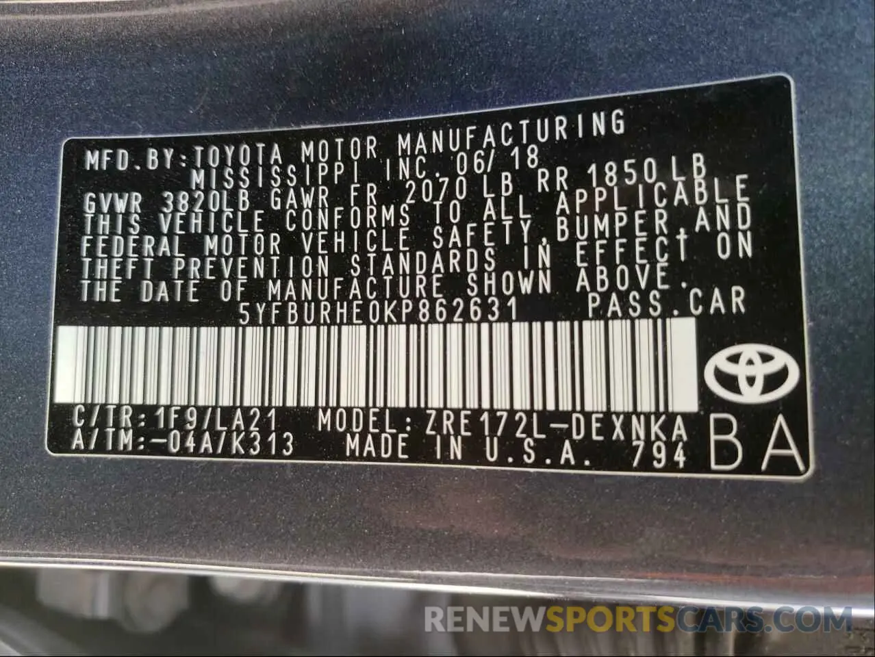 10 fotografías del automóvil dañado 5YFBURHE0KP862631 TOYOTA COROLLA 2019