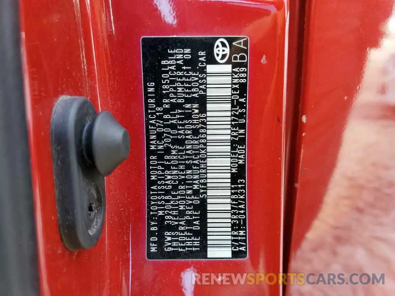 10 fotografías del automóvil dañado 5YFBURHE0KP868736 TOYOTA COROLLA 2019