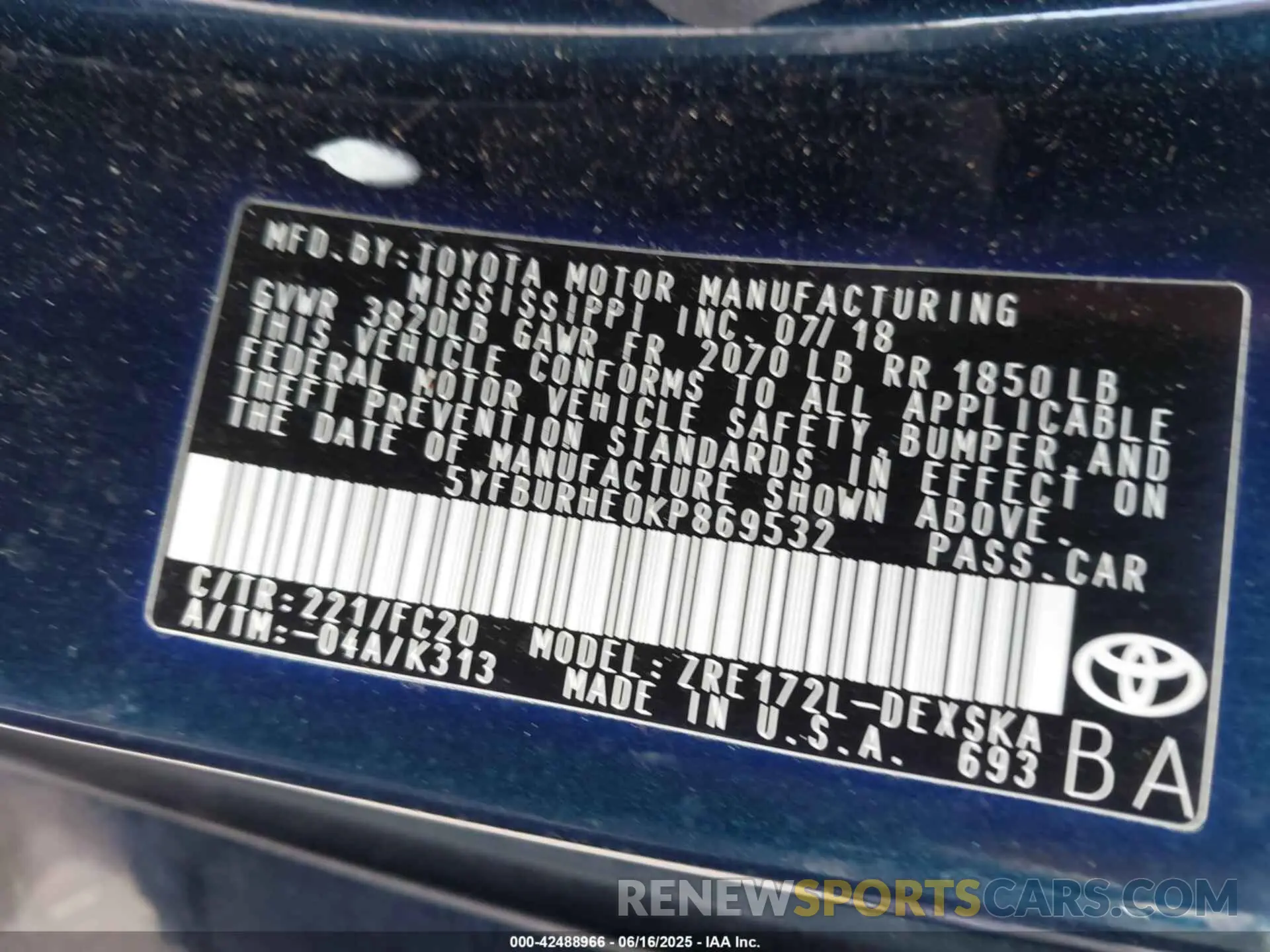 9 fotografías del automóvil dañado 5YFBURHE0KP869532 TOYOTA COROLLA 2019