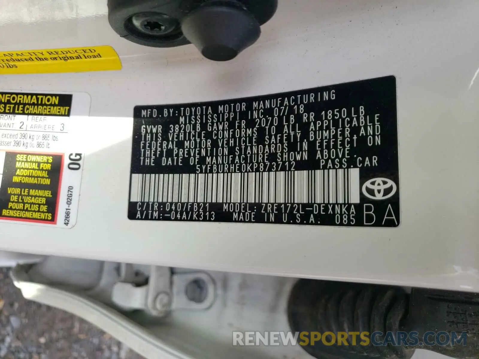 10 fotografías del automóvil dañado 5YFBURHE0KP873712 TOYOTA COROLLA 2019