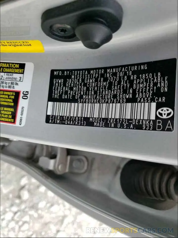 10 fotografías del automóvil dañado 5YFBURHE0KP876769 TOYOTA COROLLA 2019