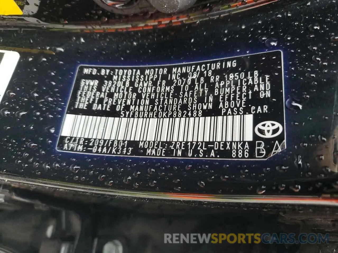 12 fotografías del automóvil dañado 5YFBURHE0KP882488 TOYOTA COROLLA 2019