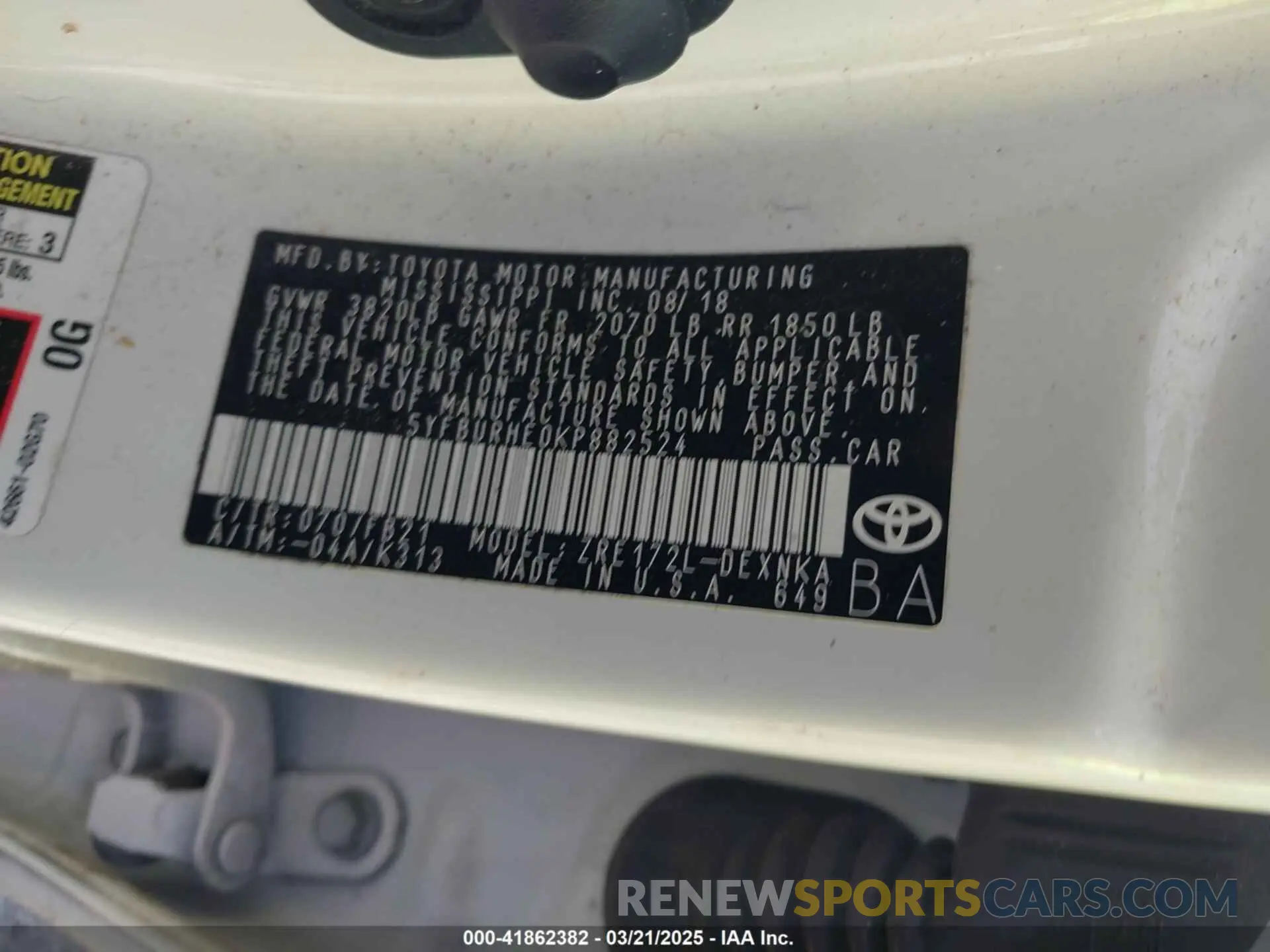9 fotografías del automóvil dañado 5YFBURHE0KP882524 TOYOTA COROLLA 2019