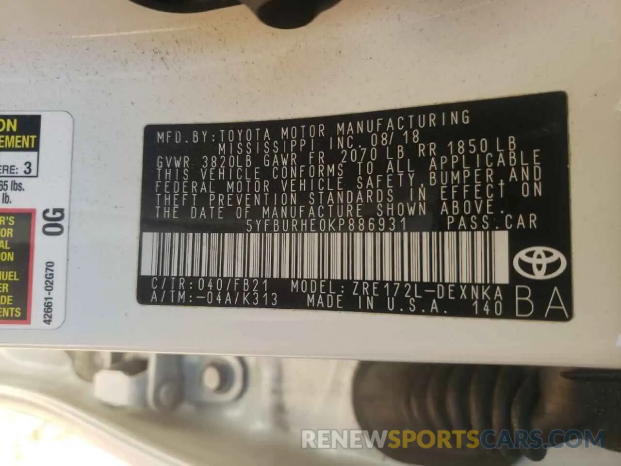 10 fotografías del automóvil dañado 5YFBURHE0KP886931 TOYOTA COROLLA 2019