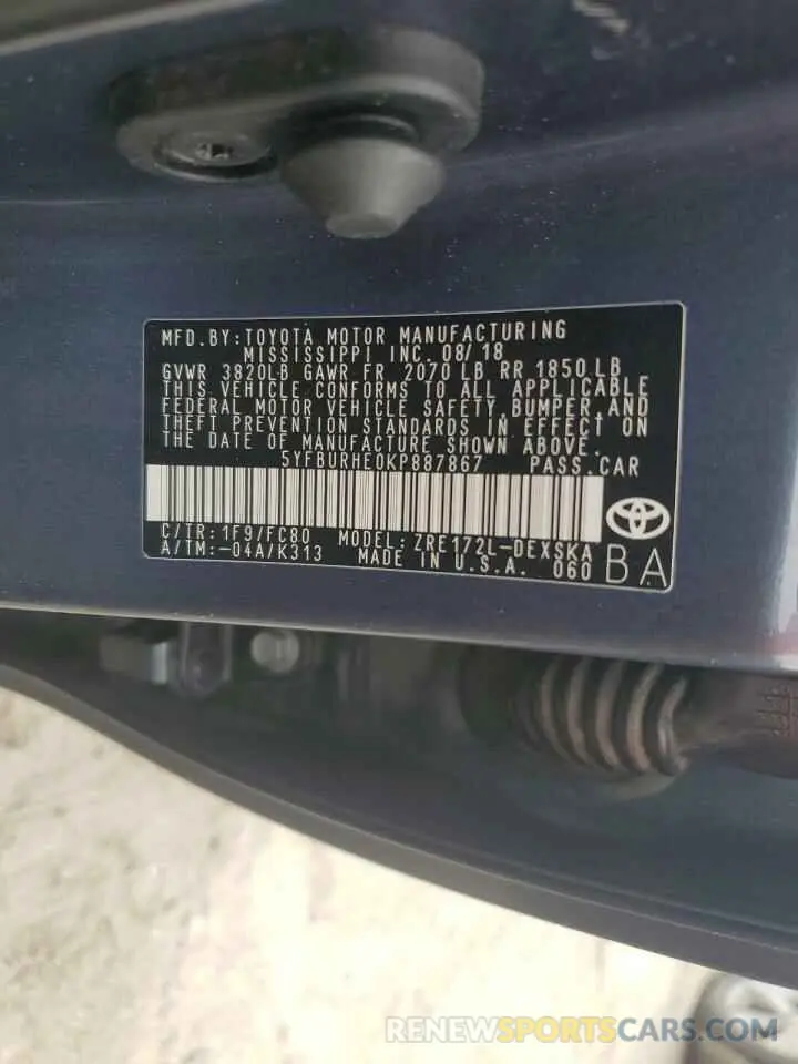 13 fotografías del automóvil dañado 5YFBURHE0KP887867 TOYOTA COROLLA 2019